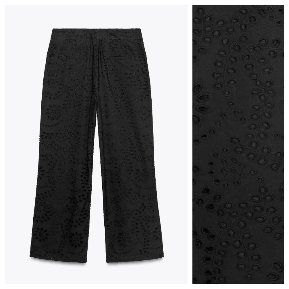 NWT. Zara ZW Collection Black Cutwork Embroider Mid-Waist Trousers. Size XL.